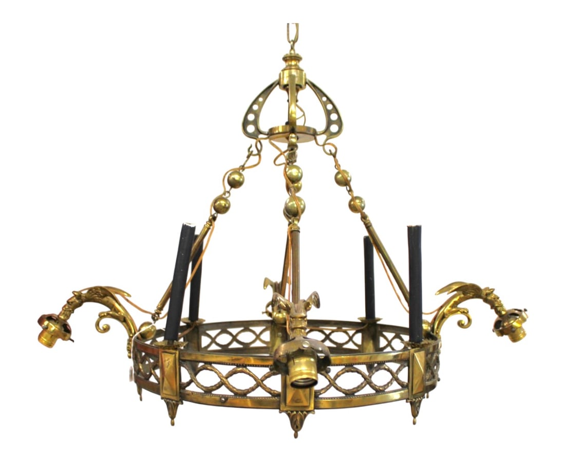 Vintage wing griffin brass 8 burner chandelier: Vintage wing griffin brass 8 burner chandelier, structurally sound. 39"h x 35" diameter
