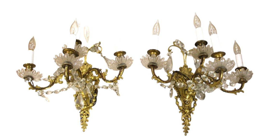 Pair antique 4 burner brass lion head wall sconces (1 of 5)