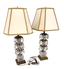 Pair vintage crystal brass base table lamps with shades