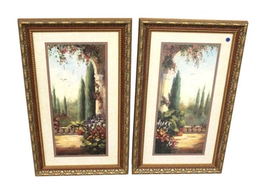 Pair outdoor scene prints in ornate frames, Home Interior
