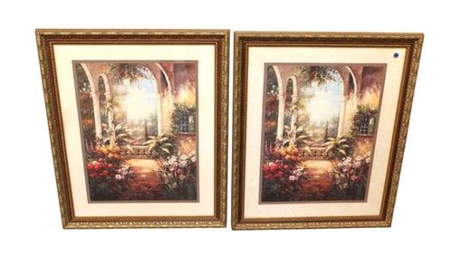 Pair outdoor scene prints in ornate frames, Home Interior