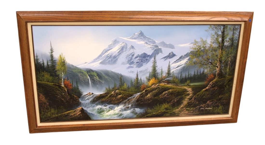 Vintage oil on canvas signed Mark Palaster in oak frame: Vintage oil on canvas signed Mark Palaster in oak frame. 30"h x 54"l x 2"d