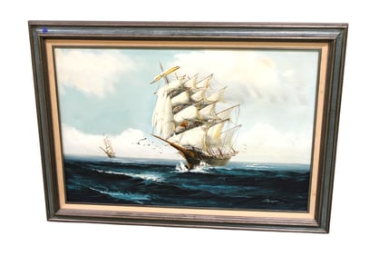 Vtg oil on canvas clipper ship in wood frame sg Jguson
