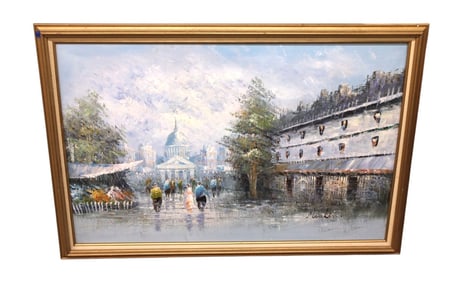 Vintage signed oil on canvas Moulin framed