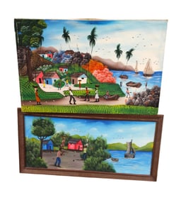 2 vintage oil on canvas black memorabilia