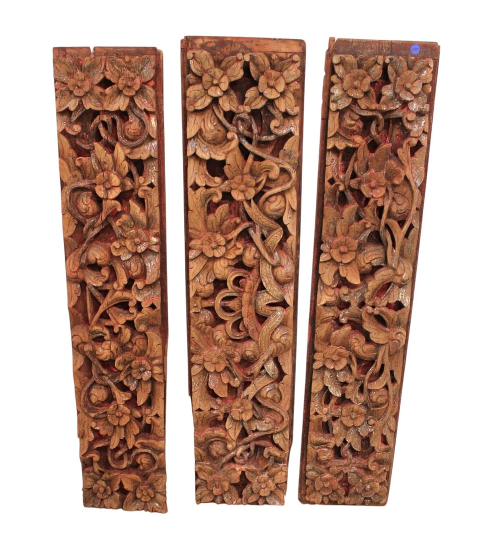 3 antique Chinese wood carvings in red wash finish: 3 antique Chinese wood carvings in red wash finish with age. Each 45"h x 9.5"w x 2"d