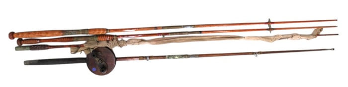 4 antique fishing rods, one with reel.
