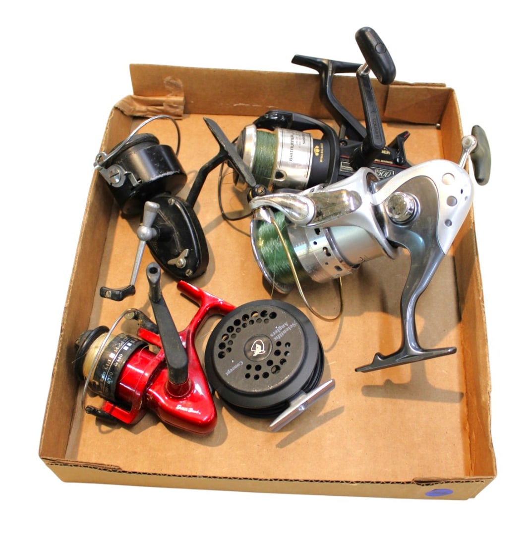 5 vtg fishing reels: Inspira, South Bend, Shimano 3500, Mitchell, Concept Flyer: 5 vintage fishing reels: Inspira, South Bend, Shimano 3500, Mitchell, Concept Flyer