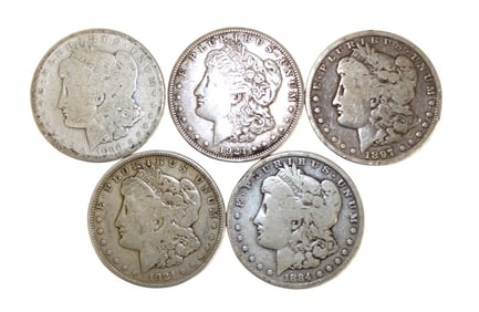 5 US Morgan Silver Dollars: 1897 1921 1890 1921 1884