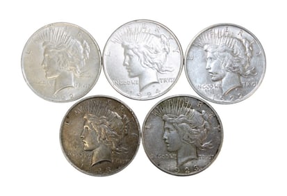 5 US Peace Dollars: 1922 1923 1924 1923 1922