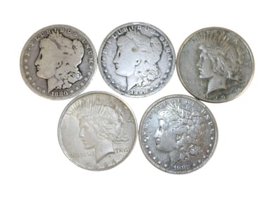 5 US Silver Dollars: 3 Morgan 1896 1883 1880, 2 Peace 1924-A 1922