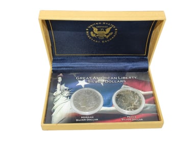 2 US Great Amer Liberty Silver Dollars in case: 1921 Morgan, 1923 Peace
