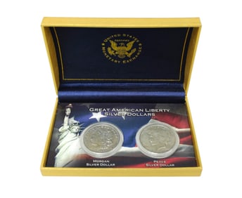 2 US Great Amer Liberty Silver Dollars in case: 1921 Morgan, 1922 Peace