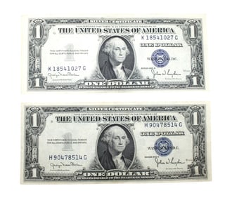 2 US $1 dollar silver certificates: 1935-D and 1935-D