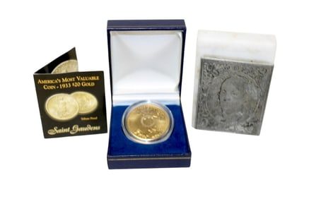 $20 gold St. Gardens replica coin & USPS .05 cent print block