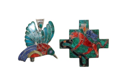2  inlaid .950 silver brooch / pendants