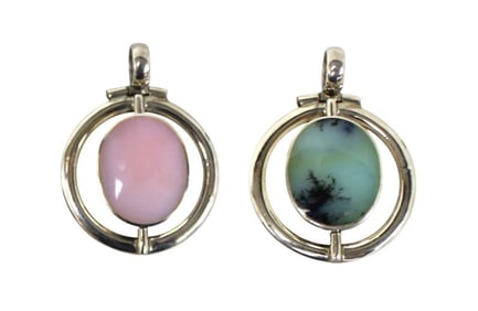 Spinning sterling silver pendant with rose quartz and rutilated quartz on other side