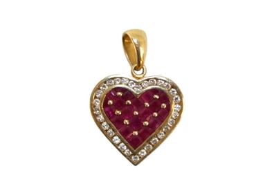 14k yellow gold diamond and ruby heart pendant