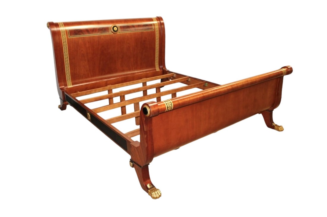 Rare Versace Infinity Gigasso Queen Size Bed with greek key inlay: Beautiful quality Versace queen size bed, burl mahogany with greek key inlaid banding, bolt together construction, complete with mattress support and platform, bronze and ebony accent decorated, bronz