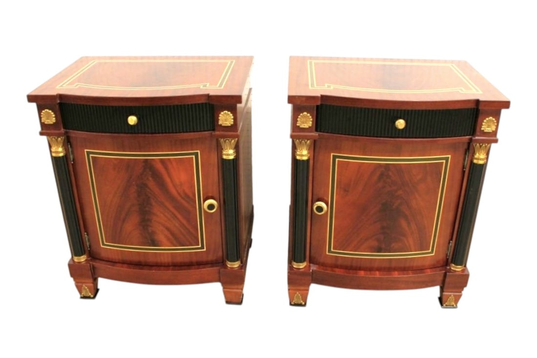 Rare Versace nightstands Infinity Gigasso, match pair: Awesome pair of quality Versace nightstands, burl mahogany, match pair of right and left, ebony inlaid and columned, bronze accents, one drawer one door, Infinity Furniture Gigasso Series, original fi