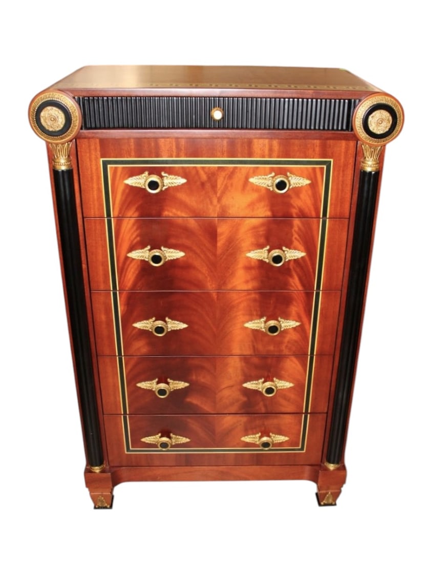 Rare Versace greek key inlay high chest Infinity Gigasso Series: Fantastic quality Versace high chest, burl mahogany with greek key inlay, 7 drawers with bronze and ebony accents, columned, Infinity Furniture Gigasso Series, original finish, structurally sound and