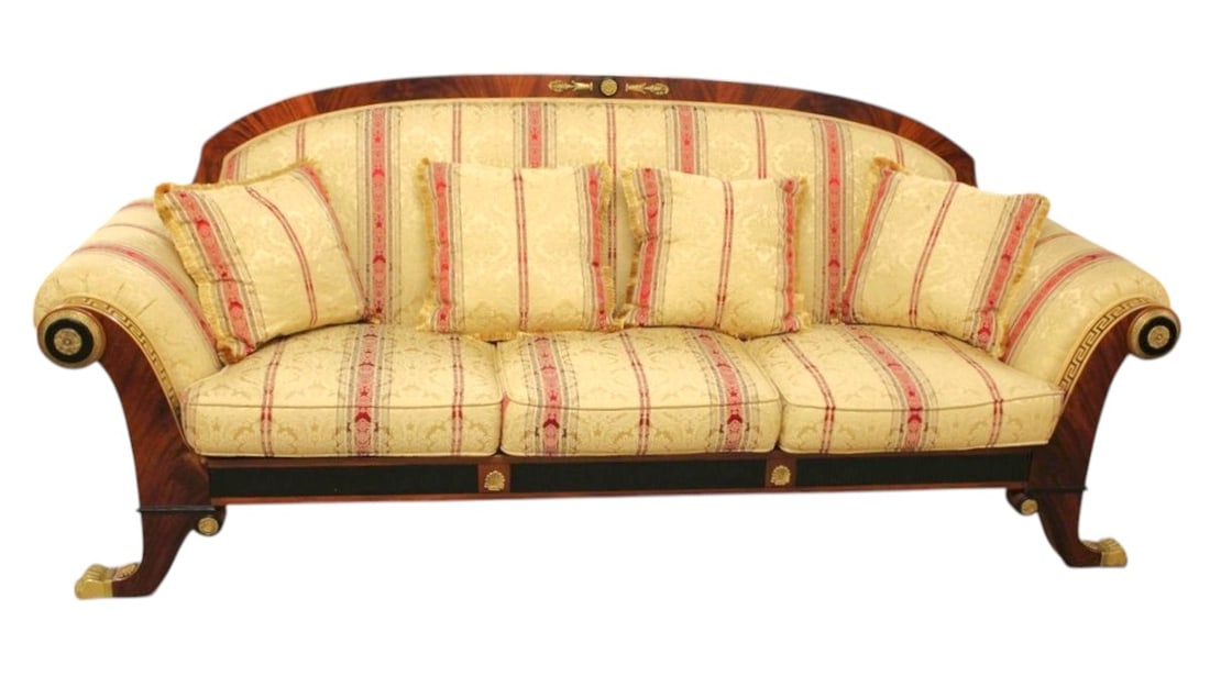 Rare Versace Infinity Gigasso sofa bronze paw feet & greek key inlay: Quality Versace upholstered sofa, like new condition, quality made, burl mahogany with greek key inlay, bronze and ebony accents, bronze capped hairy paw feet, Infinity Furniture Gigasso Series, origi