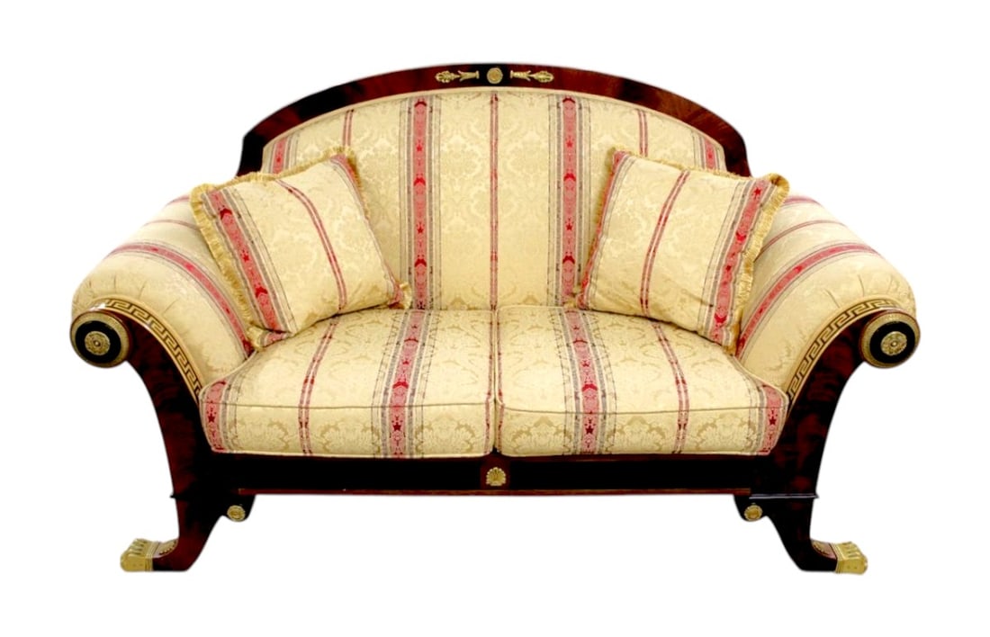 Rare Versace Infinity Gigasso loveseat bronze paw feet greek key inlay: Quality Versace upholstered loveseat, like new condition, quality made, burl mahogany with greek key inlay, bronze and ebony accents, bronze capped hairy paw feet, Infinity Furniture Gigasso Series, o