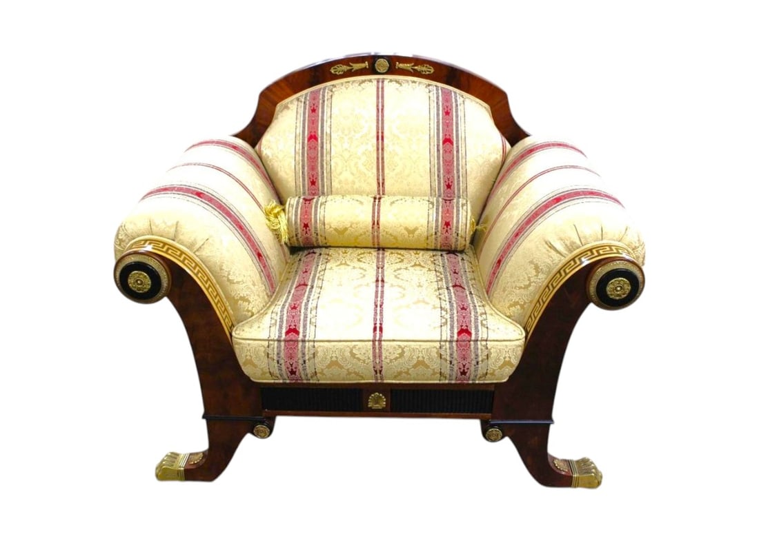 Rare Versace Infinity Gigasso arm chair bronze paw feet greek key inlay: Quality Versace upholstered arm chair, like new condition, quality made, burl mahogany with greek key inlay, bronze and ebony accents, bronze capped hairy paw feet, Infinity Furniture Gigasso Series,