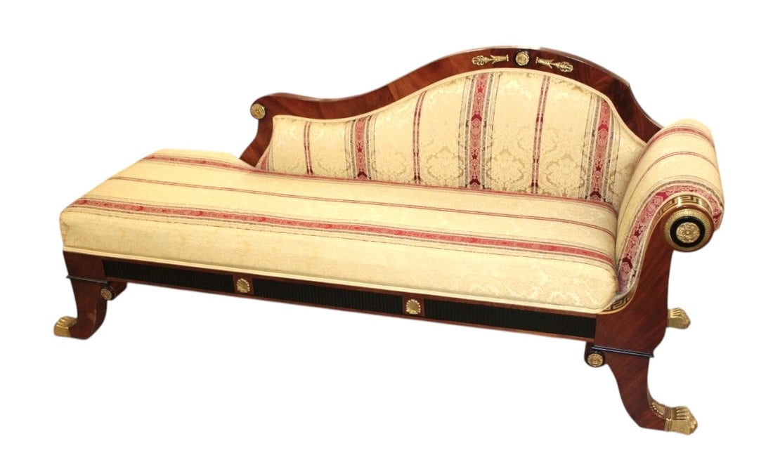 Rare Versace Infinity Gigasso chaise greek key inlay and bronze paw feet: Quality Versace upholstered chaise lounge, like new condition, quality made, burl mahogany with greek key inlay, bronze and ebony accents, bronze capped hairy paw feet, Infinity Furniture Gigasso Seri