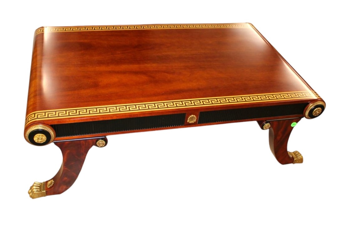 Rare Versace Infinity Gigasso coffee table greek key inlay bronze paw feet: Beautiful quality Versace coffee table, burl mahogany with greek key inlaid banding, bronze and ebony accent decorated, bronze capped hairy paw foot, Infinity Furniture Gigasso Series, original finish