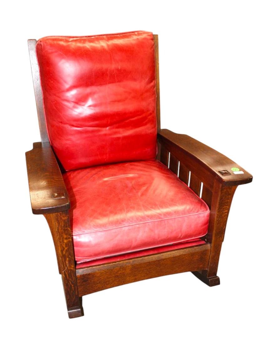 Awesome Stickley Mission Oak Over-Size Rocking Chair: Awesome Stickley mission quartersawn oak over-size rocker with leather upholstery, original finish, leather looks good, structurally sound, no issues seen. 40"h x 32.5"w x 36"d seat height of 20"