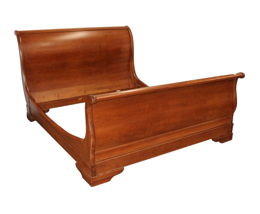 Restoration Hardware King Bed, bolt-in construction: Restoration Hardware solid cherry king size sleigh bed with bolt in construction, original finish, structurally sound and in good condition with some wear see photos. Footprint: 52"h x 102"l x 76"w