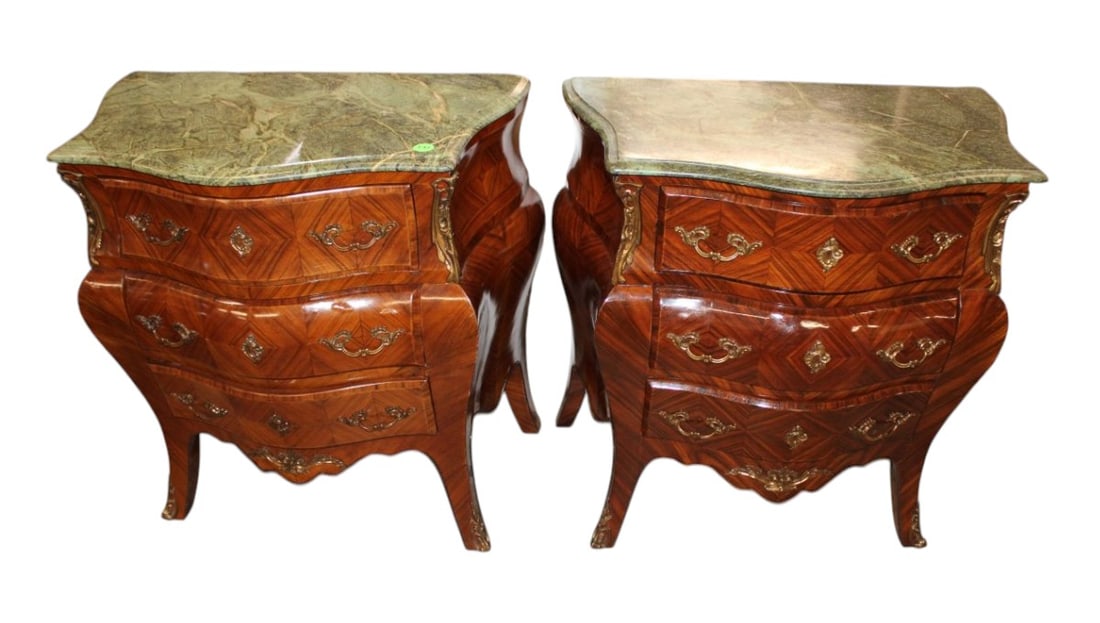 Pair antique style French over-size nightstands: Pair of antique style French 3 drawer marble top over-size nightstands or commodes, applied bronze, mahogany and walnut original finish, structurally sound and in good condition. Each 32.5"h x 34"w x