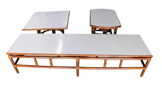Set 3 MidC bamboo & white formica top tables