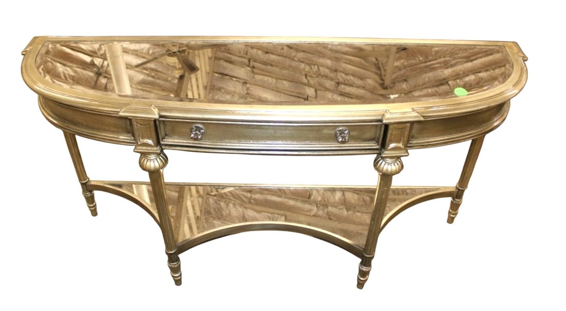 Hollywood bevel mirror console table with silver bronze finish: Hollywood mirror decorated one drawer console table, paint decorated in silver bronze finish with beveled glass mirrored top, structurally sound and good condition. 30"h x 58"w x 16.5"d