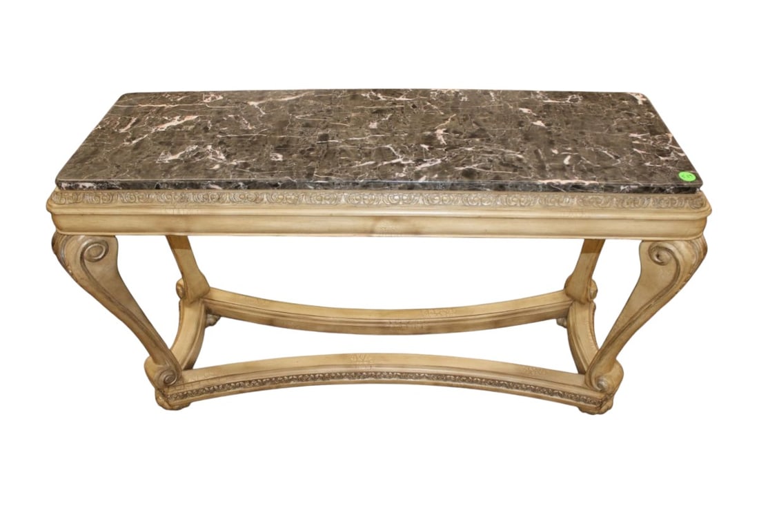 Antique distressed carved marble top console table: Decorator carved marble top console table in antique distressed finish, marble is good, structurally sound and original finish. 32"h x 54"w x 19"d