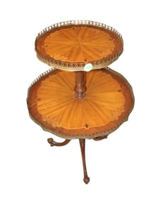French semi antique 2 tier table w/brass gallery