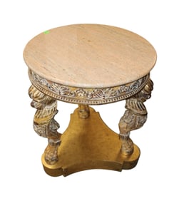 Lion carved 27" round marble top accent table