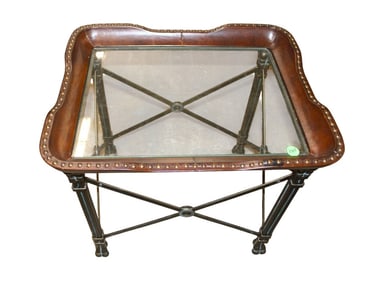 Theodore Alexander style leather wrap accent table w/bronze feet