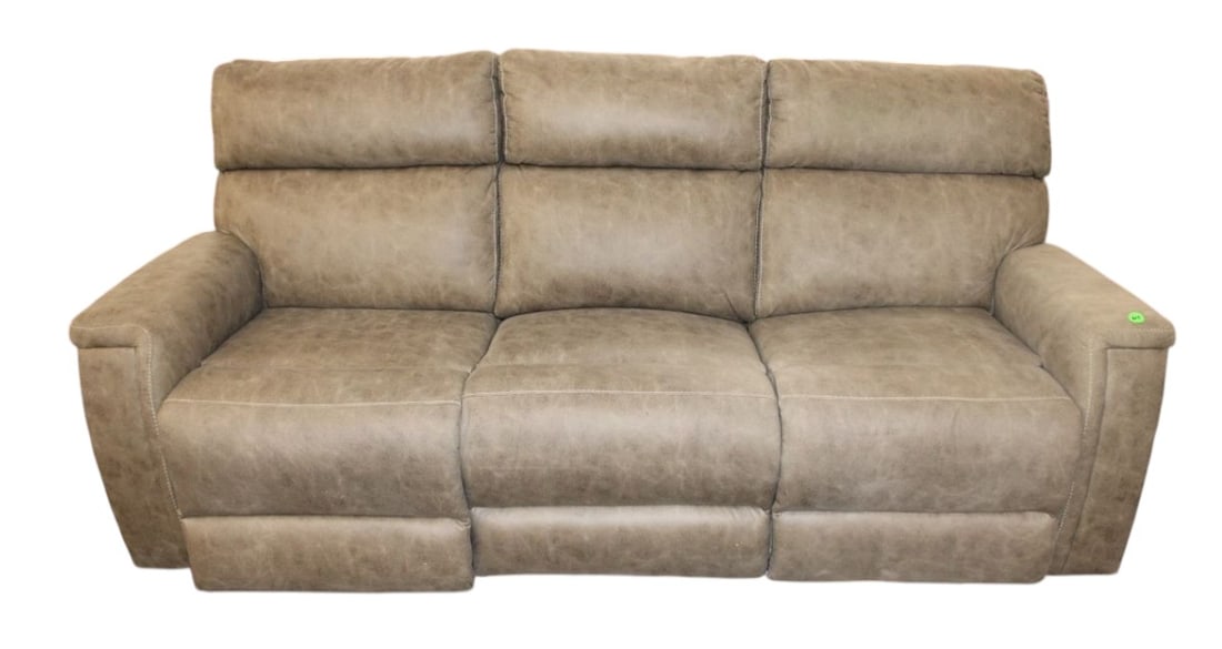 Upholstered suede leather power recliners sofa: Upholstered suede leather style double power recliner sofa in soft grey with charging ports, working, no issues seen, structurally sound and good condition. 40"h x 90"l x 36"d seat height 20"