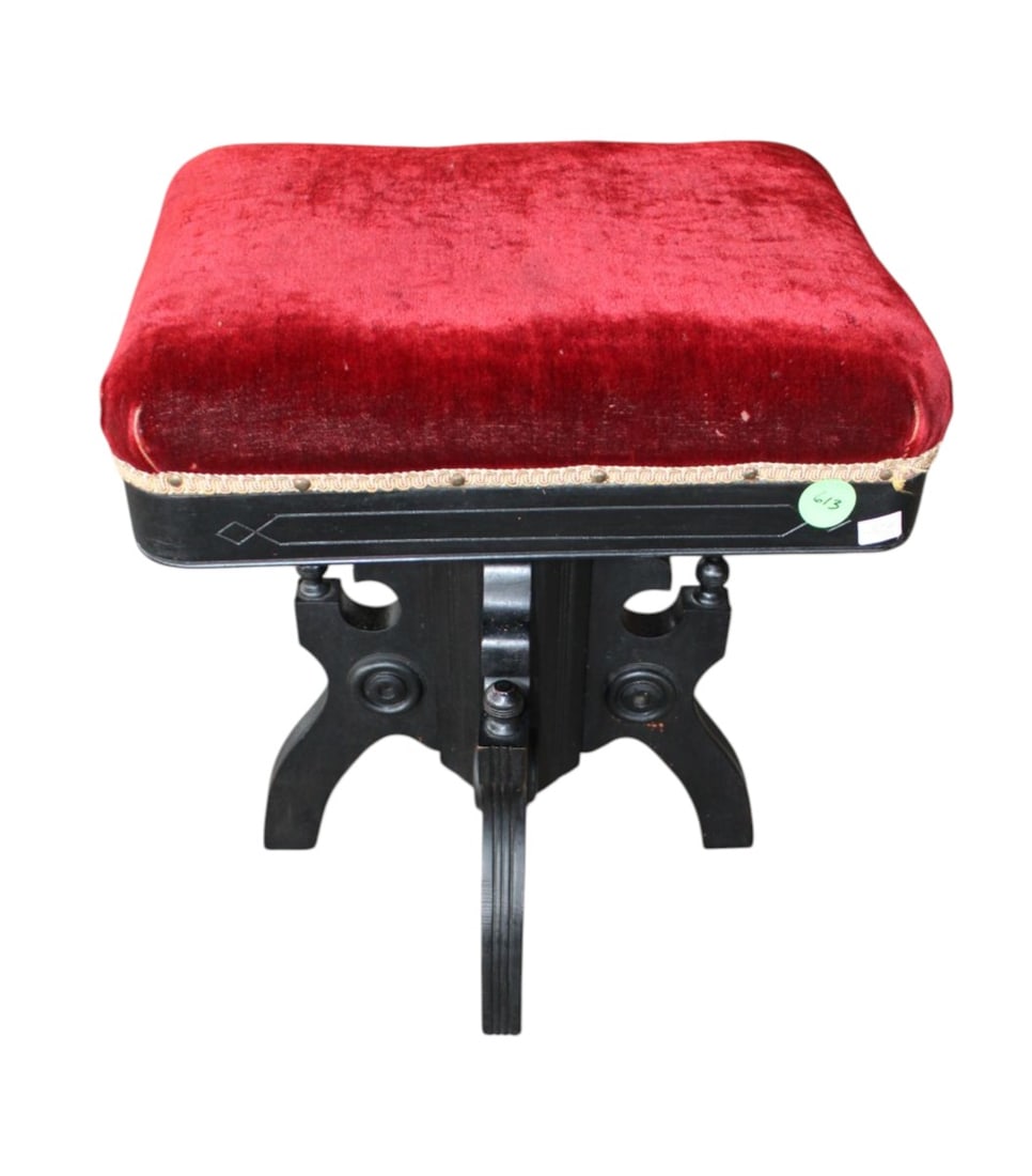 Antique Swivel Organ Stool: Antique swivel organ stool believed walnut but painted black, upholstery looks good, structurally sound and in good condition for age. 21"h x 18"w 14"d