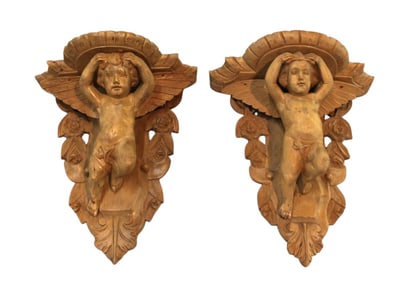 Pair semi antique carved wing cherub wall sconce shelves