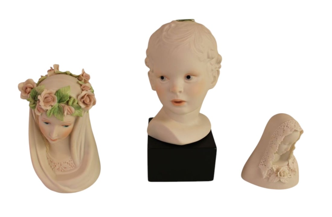 3 Cybis bisque figures: bust and 2 Mother of Mary: 3 Bisque figures signed Cybis, a bust and 2 Mother of Mary, structurally sound and in good condition. Approximately 9"h tallest, shortest 4.5"