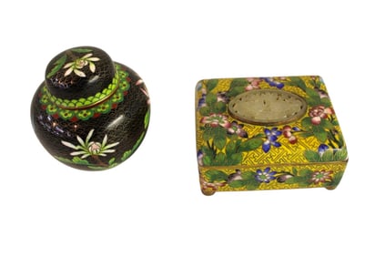 Vtg 2 cloisonne lidded covered urn and MOP box