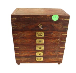 Antique Asian brass inlaid teak box and key