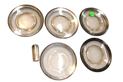 9 silver trim art deco plates & silver overlay salt shaker