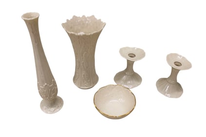 5 pieces of Lenox: candle stands, vases and bowl