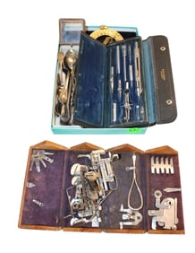Singer sewing machine dovetailed box, s/p spoons & more