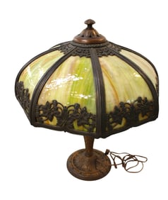 Antique slag glass panel table lamp