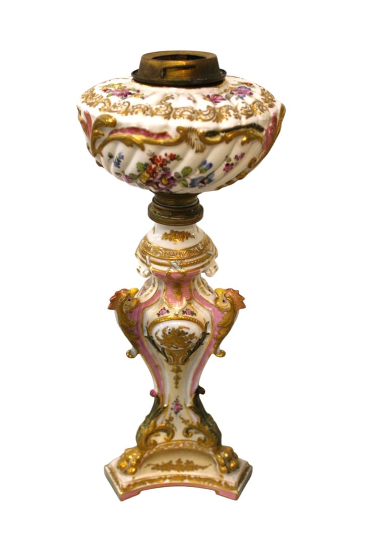 Antique ornate oil lamp base with rooster heads: Antique porcelain ornate oil lamp base with rooster heads. 17.5"h x 7" diameter